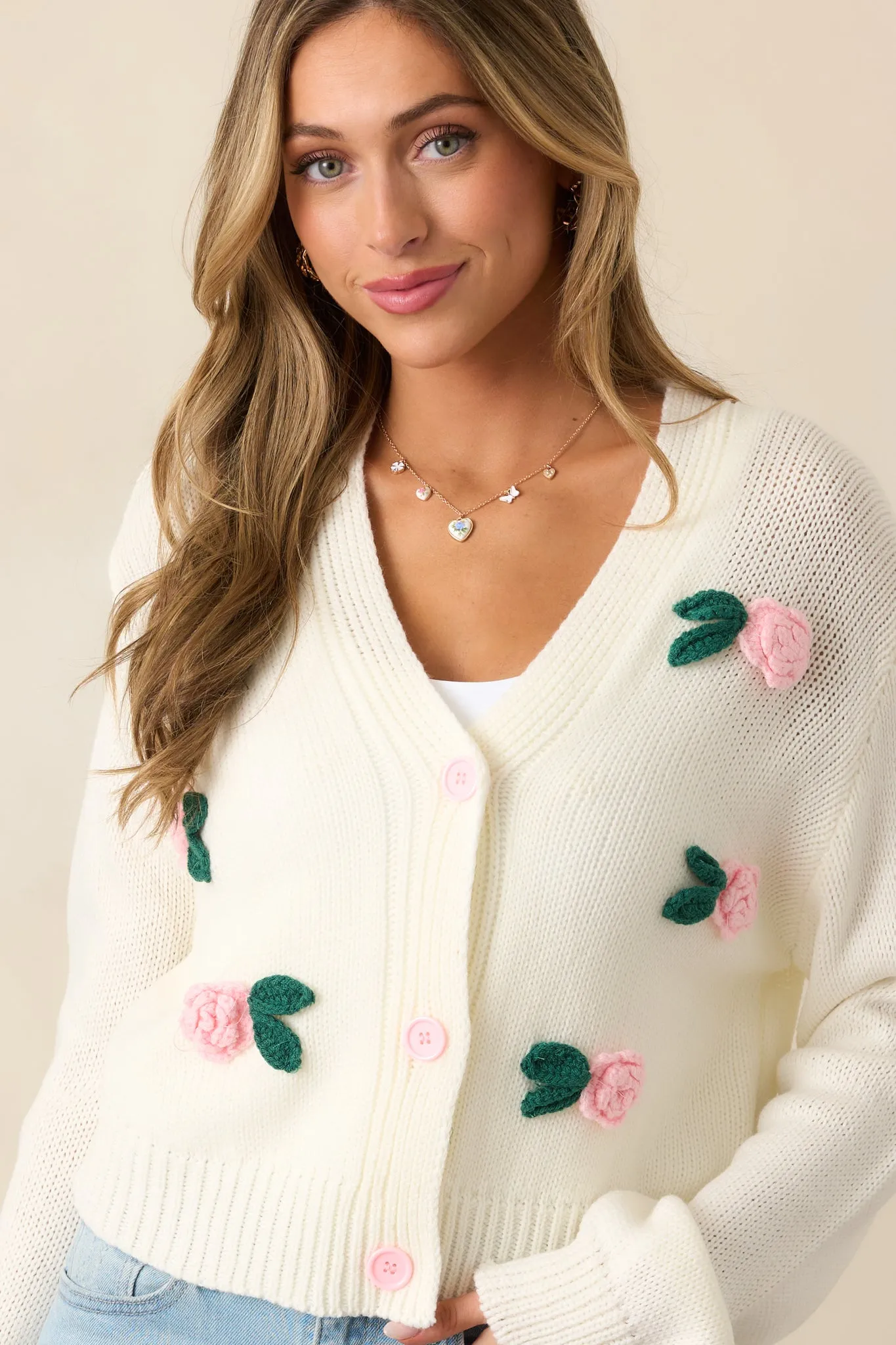 Storytelling Ivory Crochet Rose Button Front Cardigan