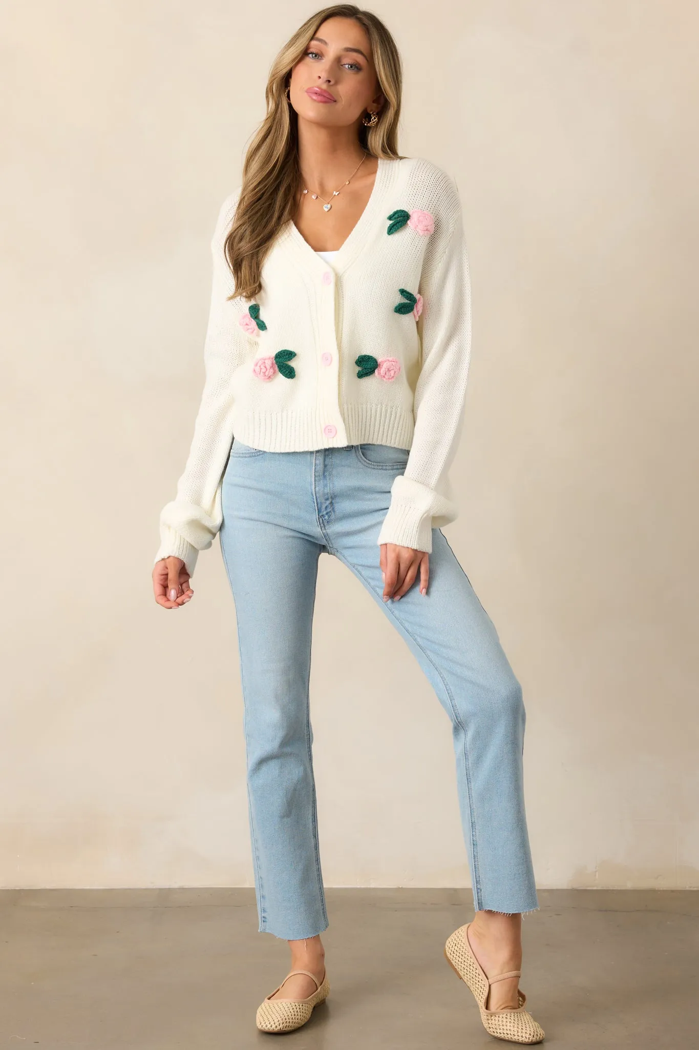 Storytelling Ivory Crochet Rose Button Front Cardigan