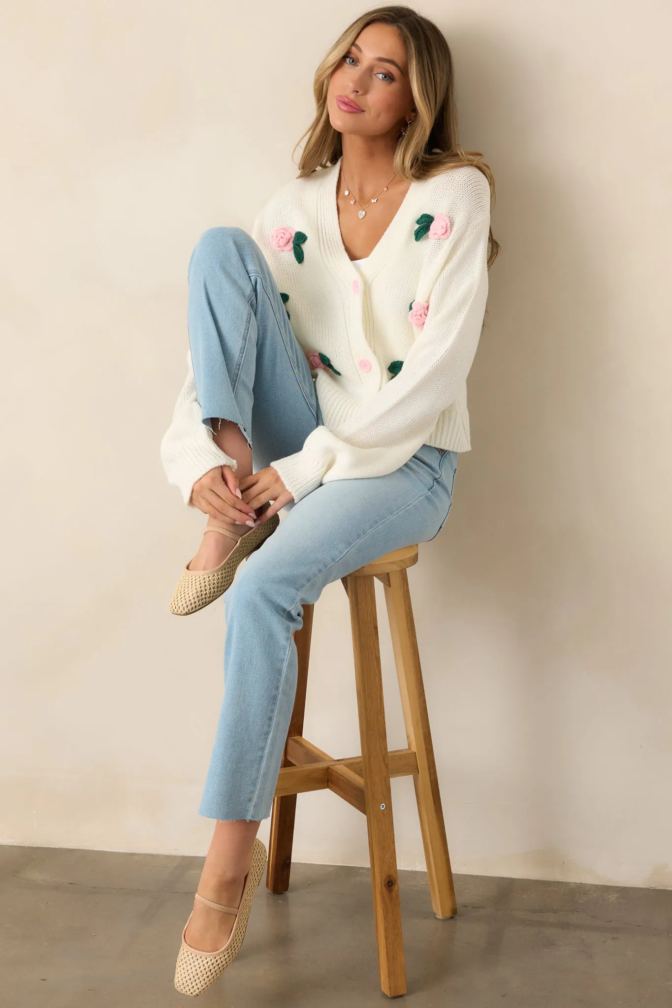 Storytelling Ivory Crochet Rose Button Front Cardigan