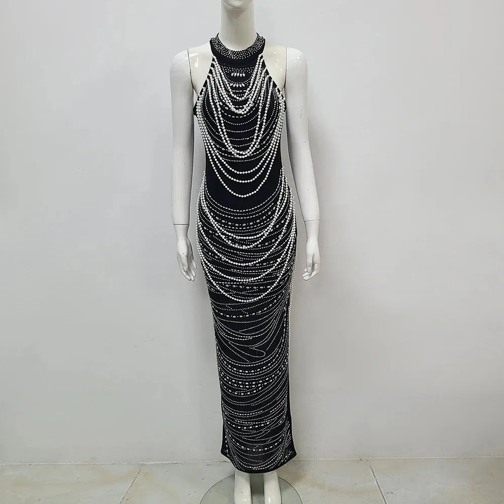 Strapless Backless Pearl Sequins Long Black Gown