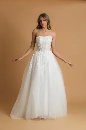 Strapless corset wedding dress with flower details for hire