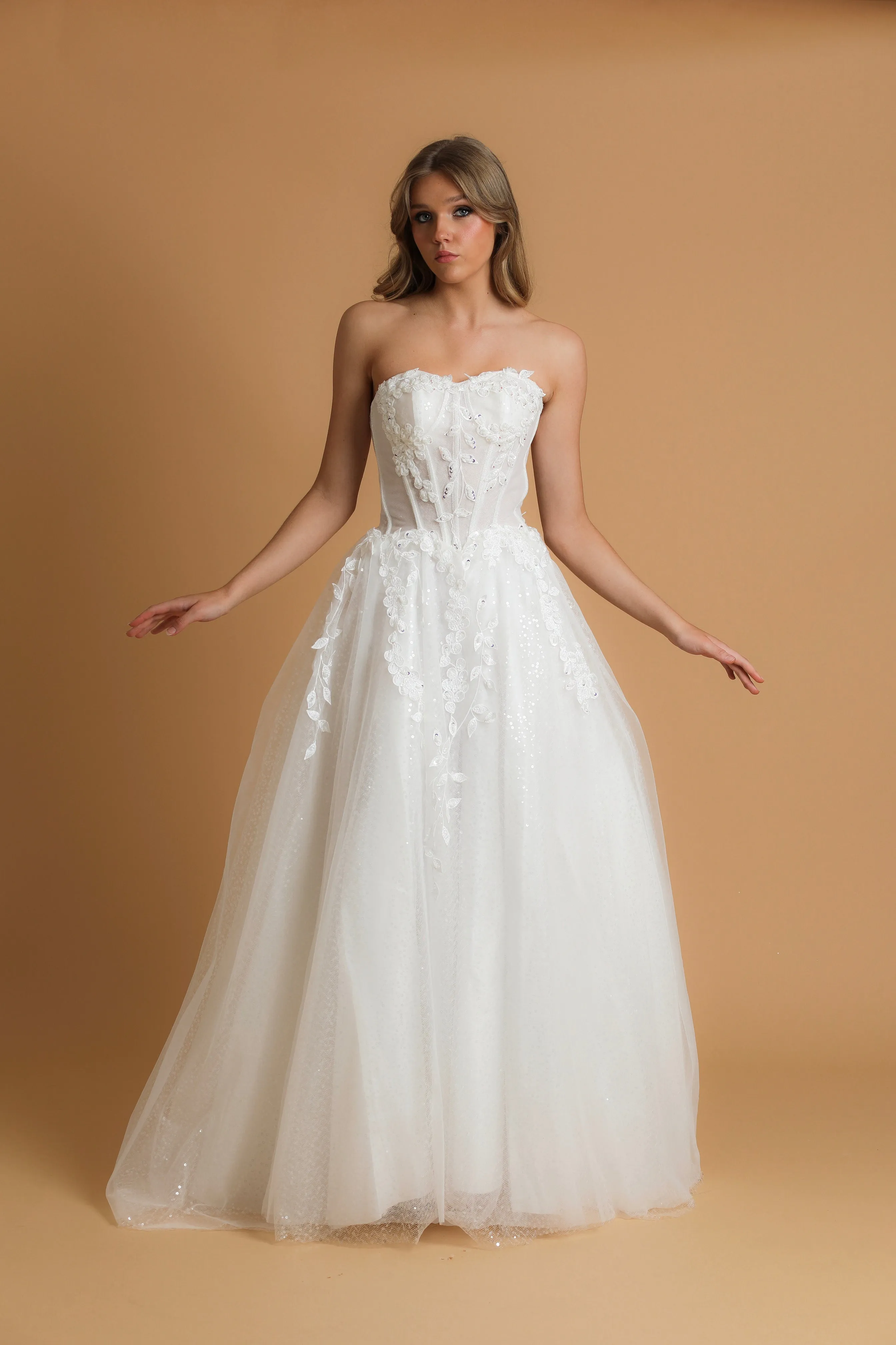 Strapless corset wedding dress with flower details for hire