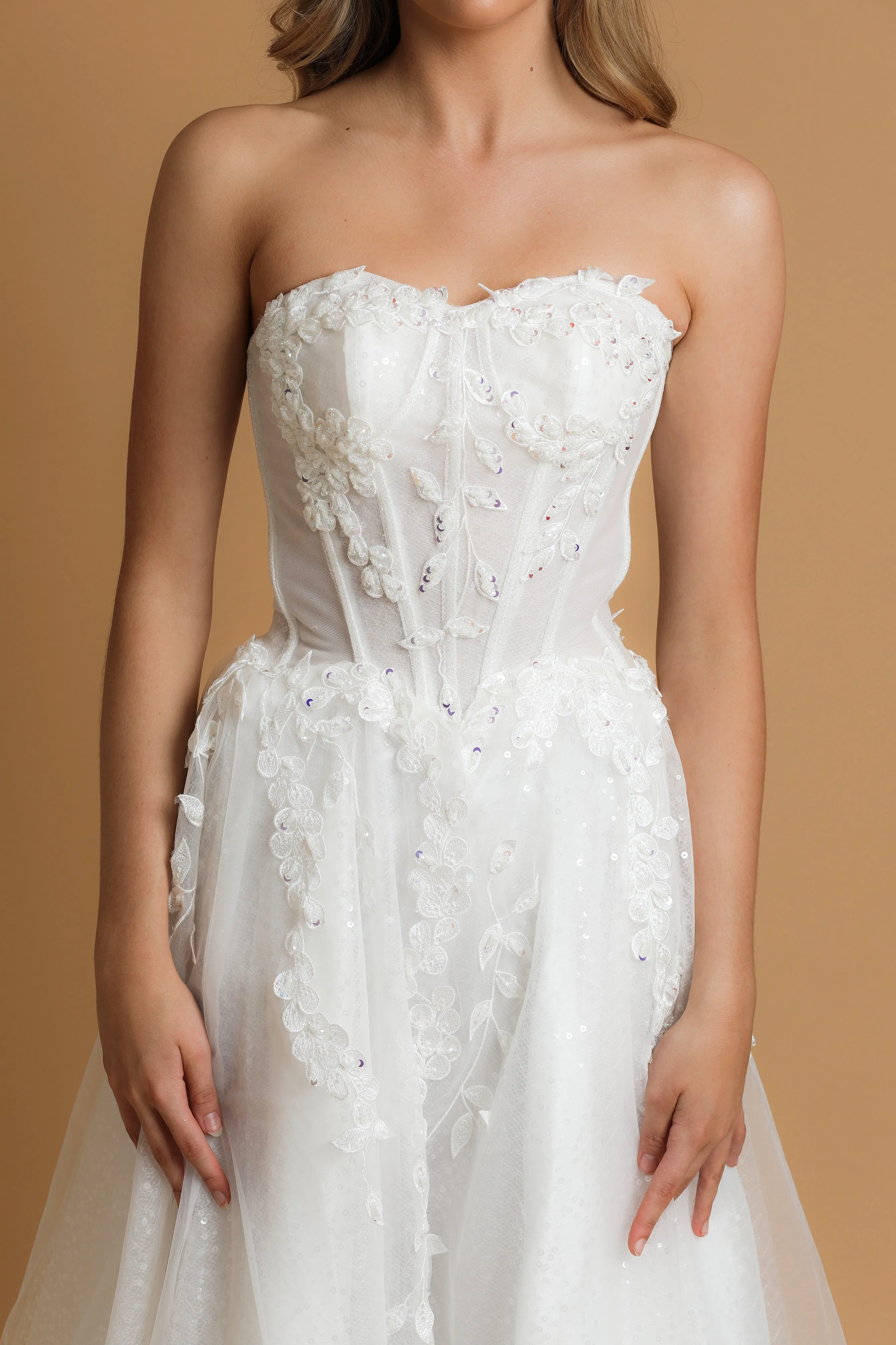 Strapless corset wedding dress with flower details for hire