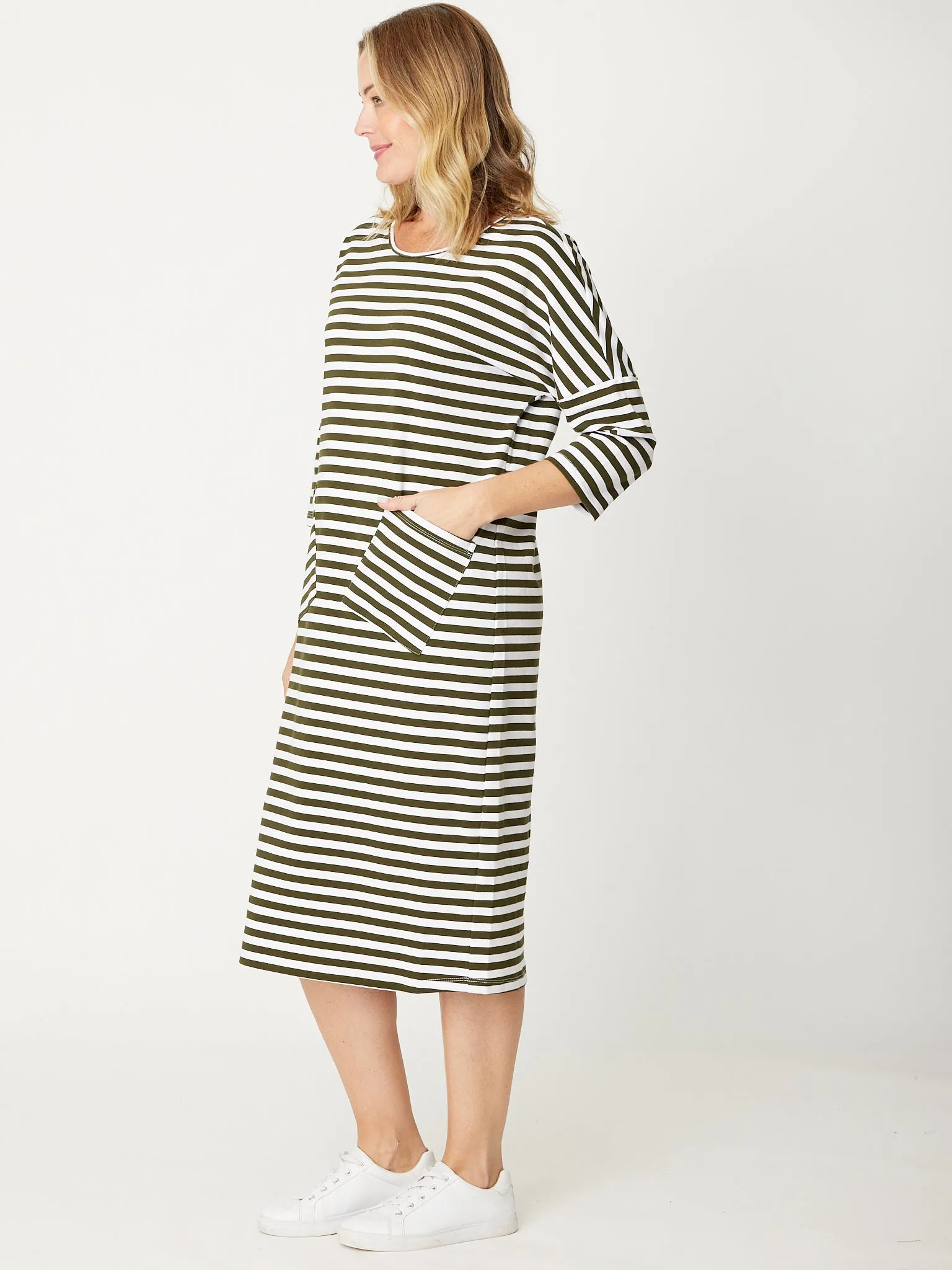 STRIPE TSHIRT POCKET DRESS - KHAKI/WHITE 29015-S