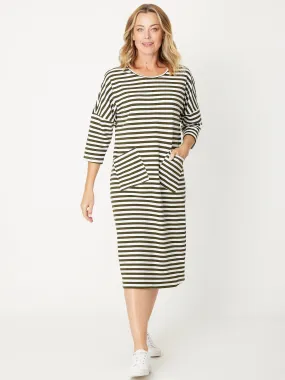 STRIPE TSHIRT POCKET DRESS - KHAKI/WHITE 29015-S