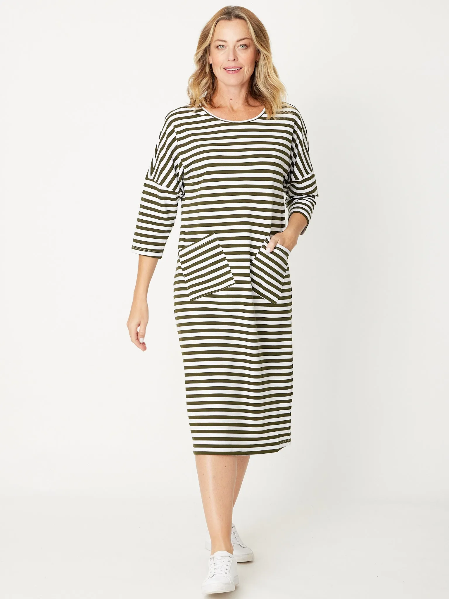 STRIPE TSHIRT POCKET DRESS - KHAKI/WHITE 29015-S