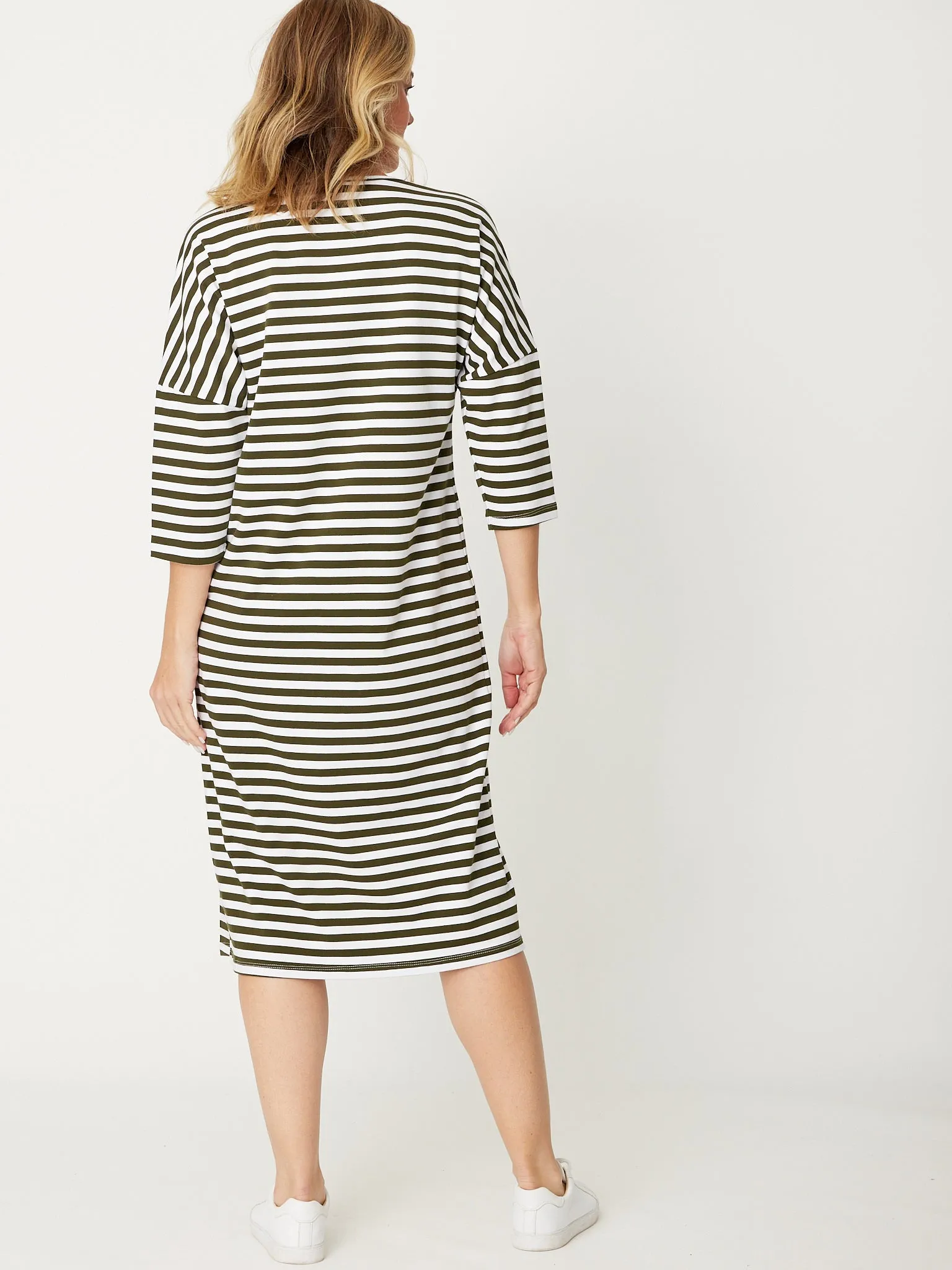 STRIPE TSHIRT POCKET DRESS - KHAKI/WHITE 29015-S