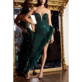 Sweetheart Low V-Neck Sequined Feather Sheath Long Prom Evening Dress