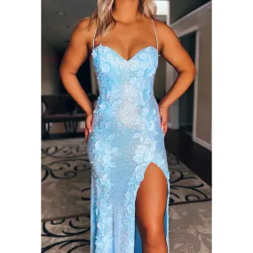 Sweetheart Sequins Appliqued Lace-Up Sheath Long Prom Gown With Slit