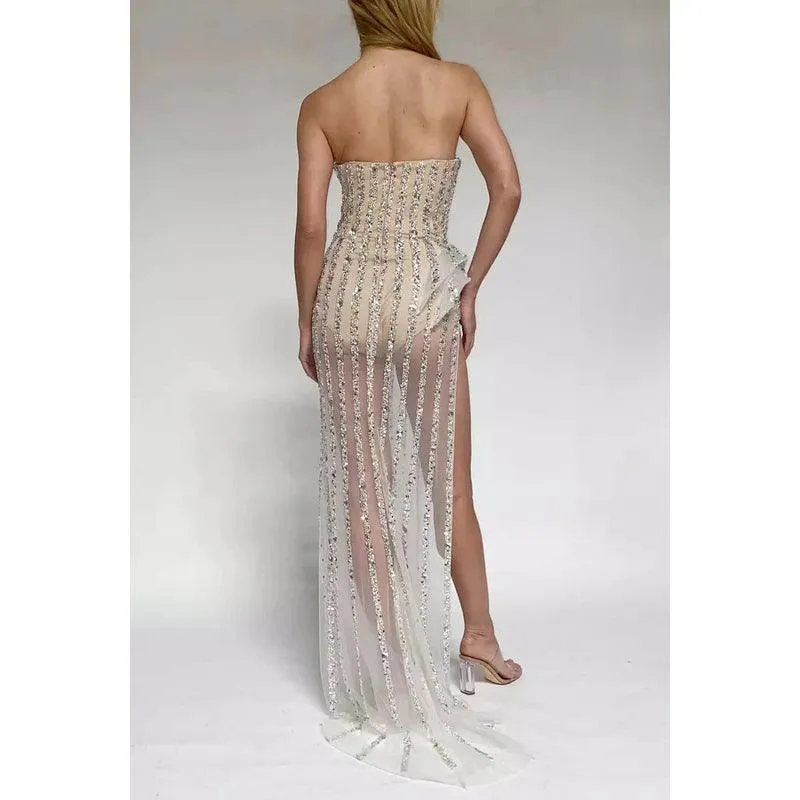 Sweetheart Strapless Beaded Sequins Sheer Tulle Sheath Long Prom Evening Dress