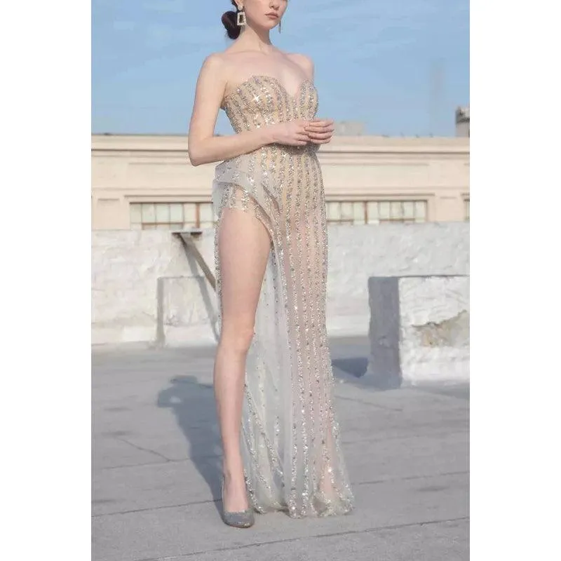 Sweetheart Strapless Beaded Sequins Sheer Tulle Sheath Long Prom Evening Dress