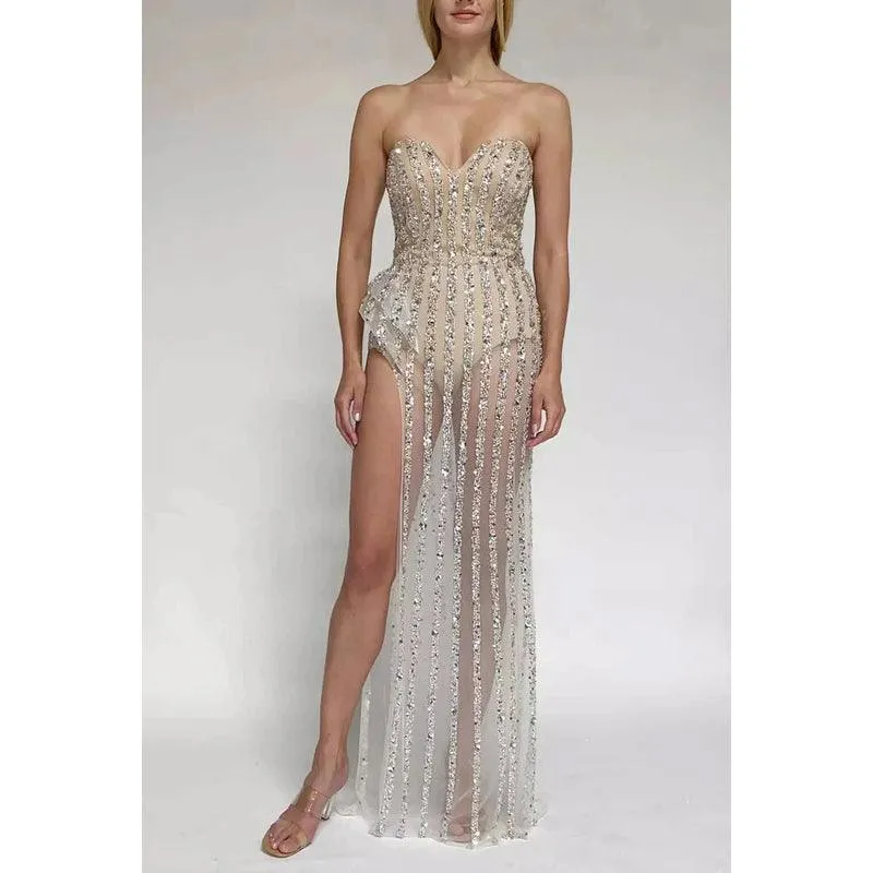 Sweetheart Strapless Beaded Sequins Sheer Tulle Sheath Long Prom Evening Dress