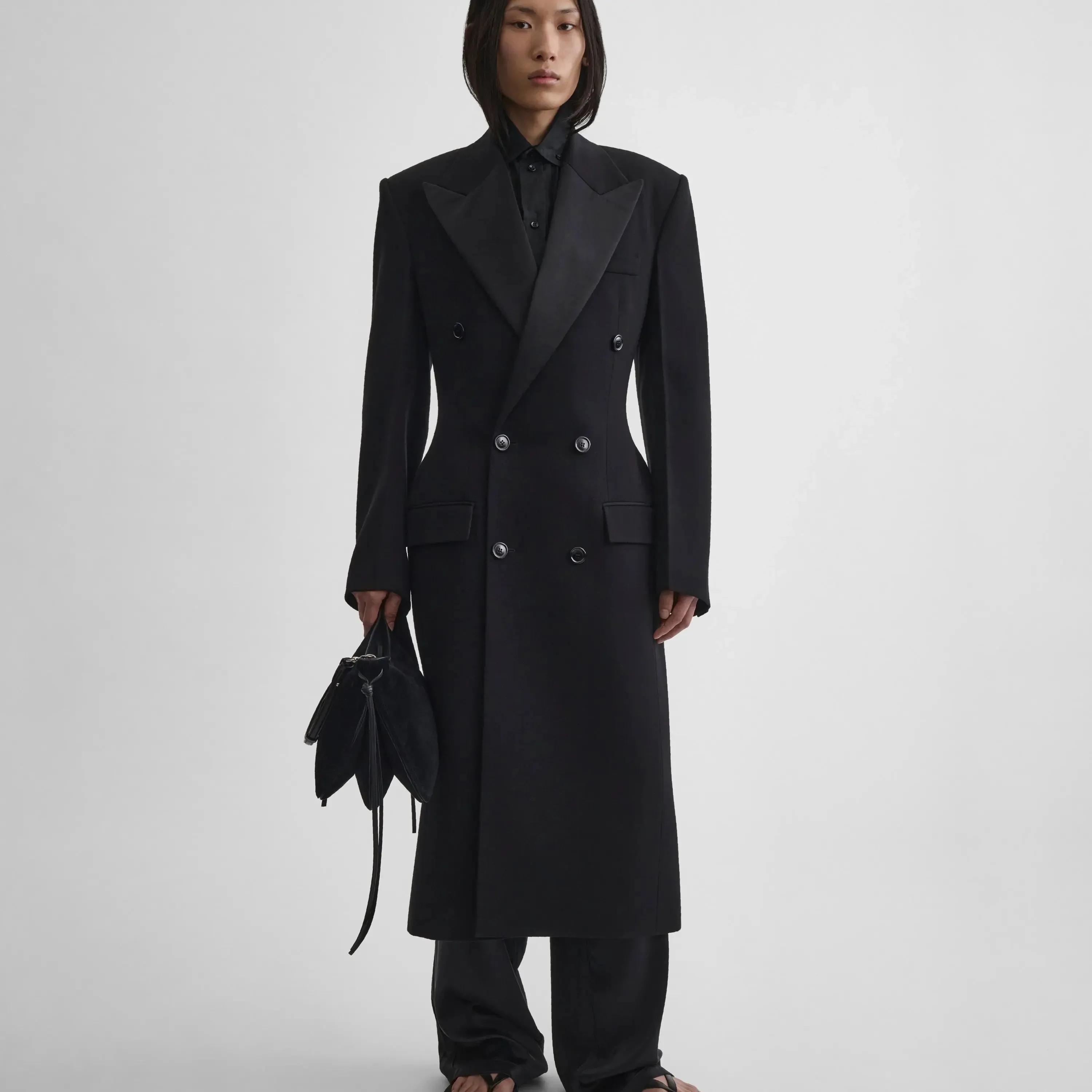TAILORED COAT WITH DROPPED WAIST | black wool