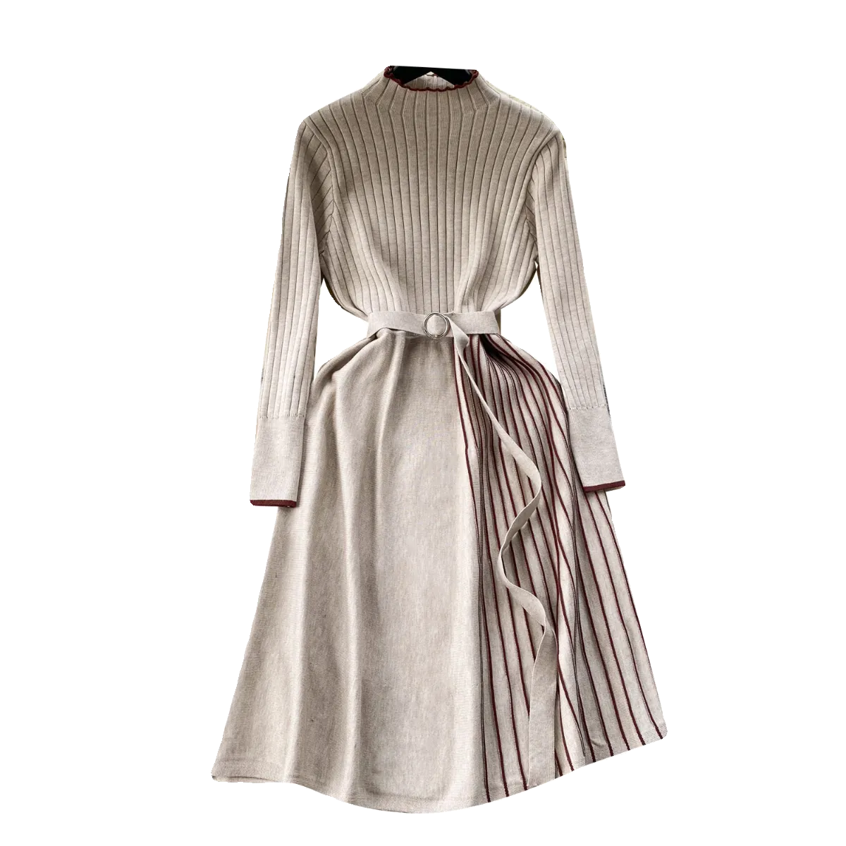 Thermal Striped Knitted Dress with Belt