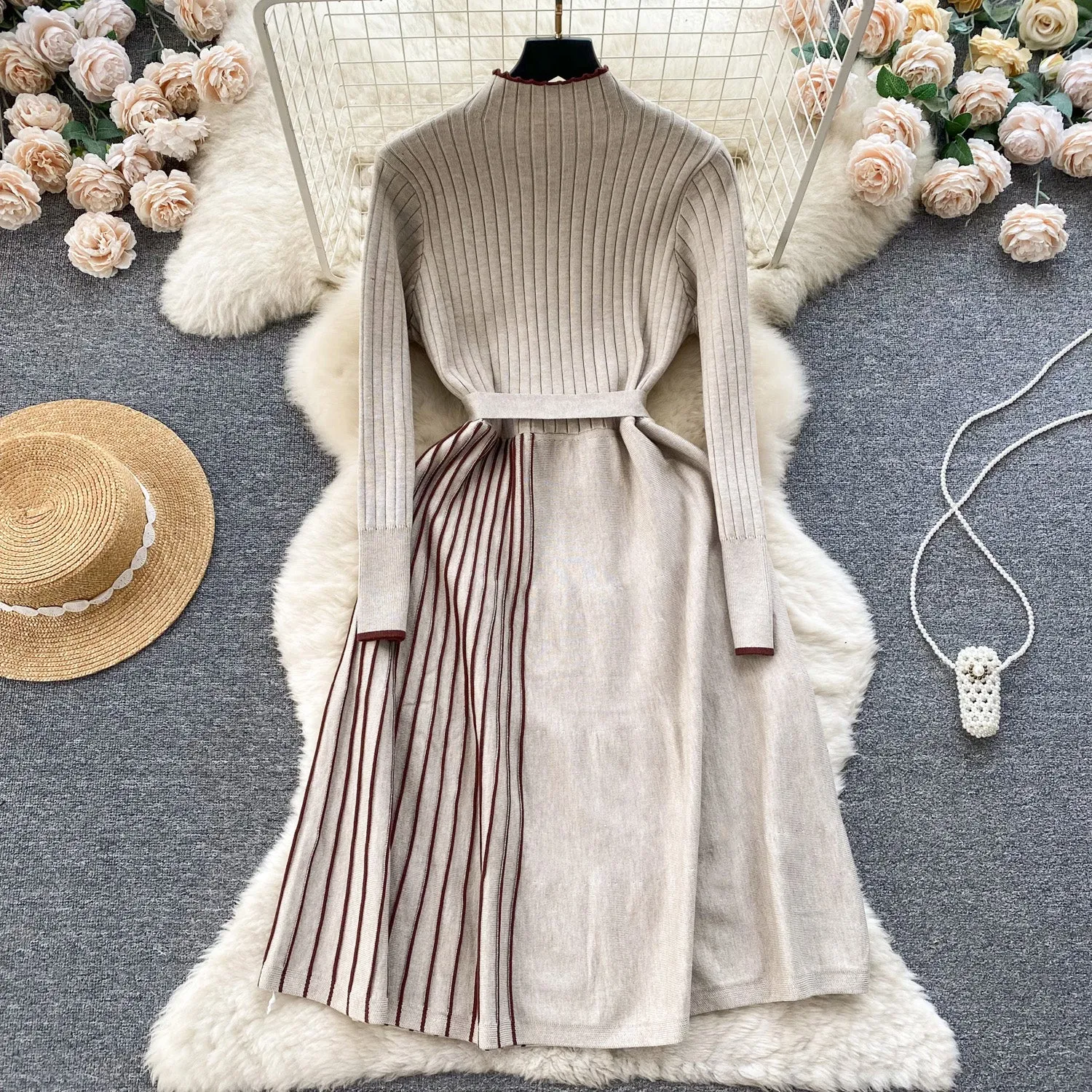 Thermal Striped Knitted Dress with Belt