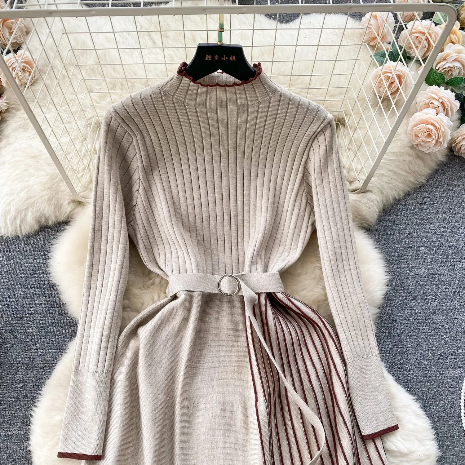 Thermal Striped Knitted Dress with Belt