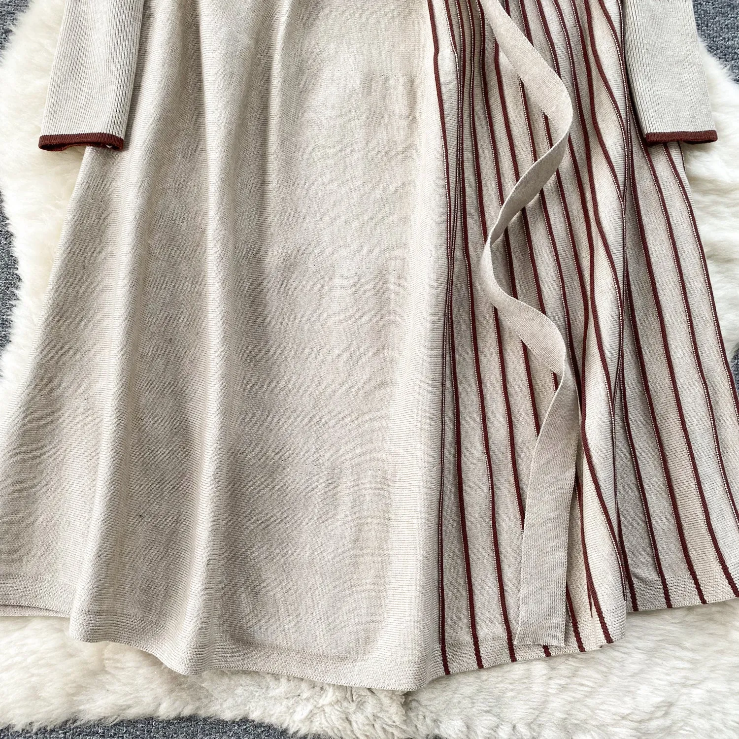 Thermal Striped Knitted Dress with Belt