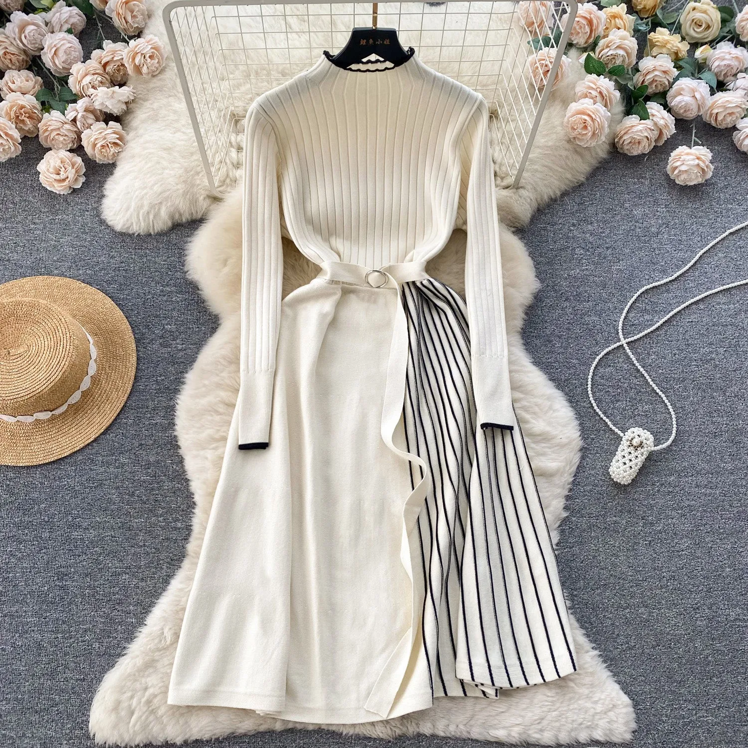 Thermal Striped Knitted Dress with Belt