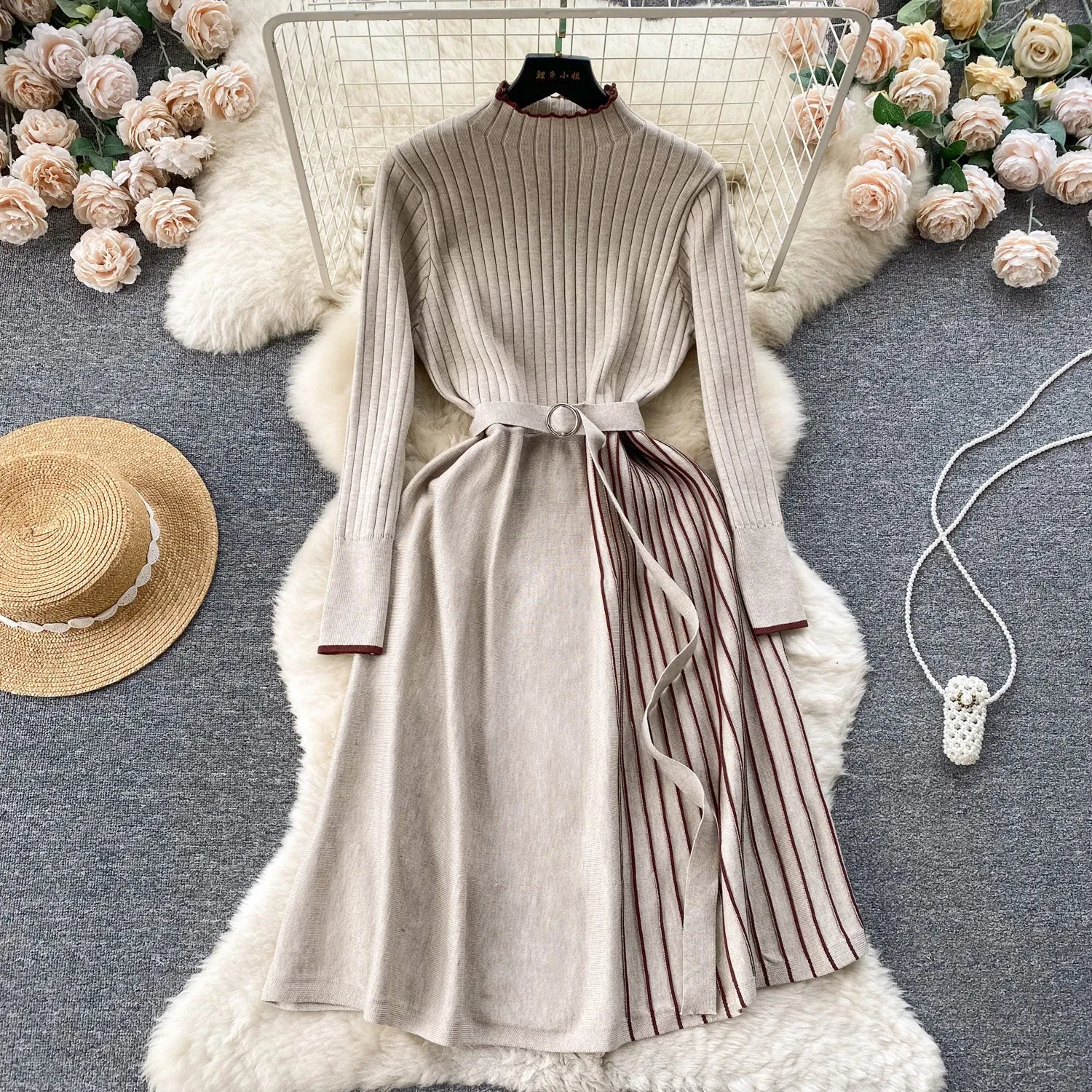 Thermal Striped Knitted Dress with Belt