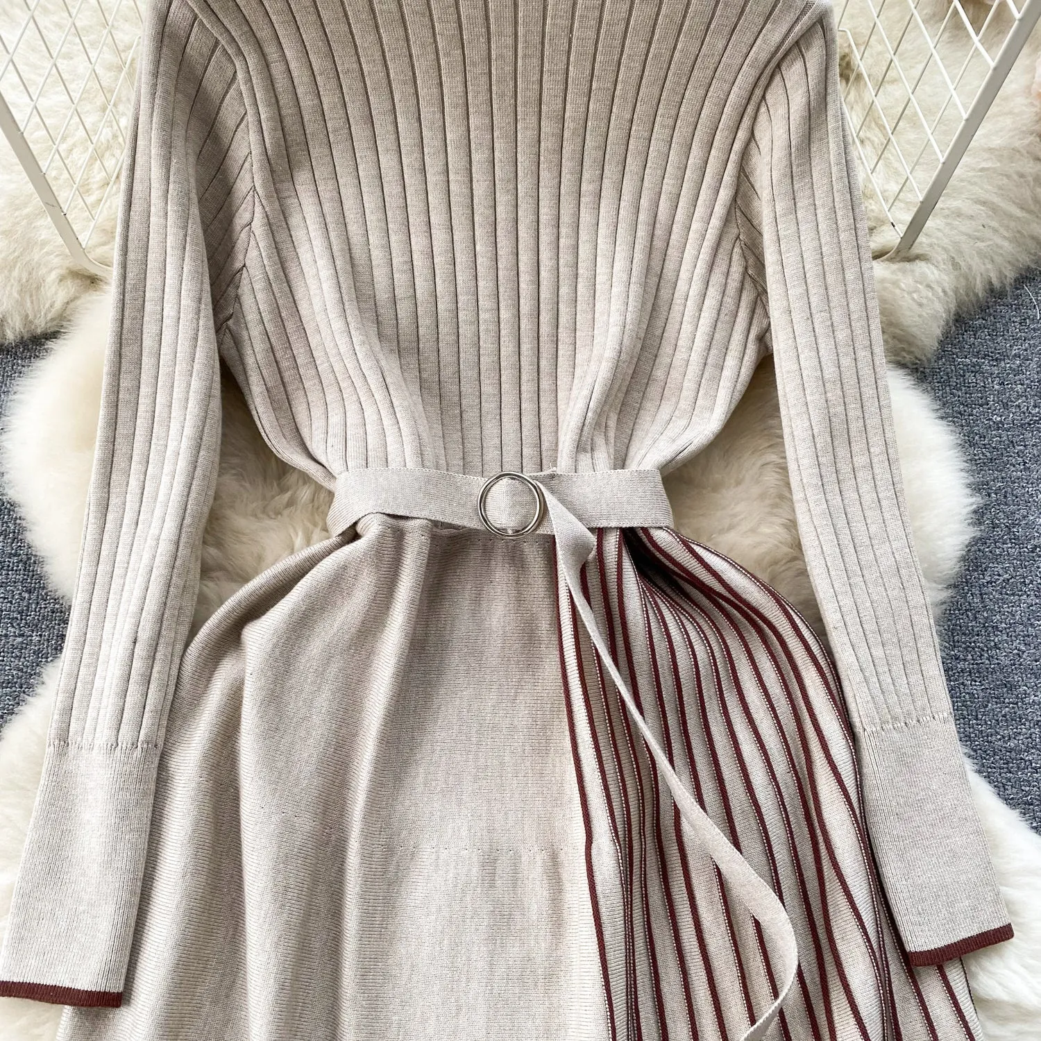 Thermal Striped Knitted Dress with Belt