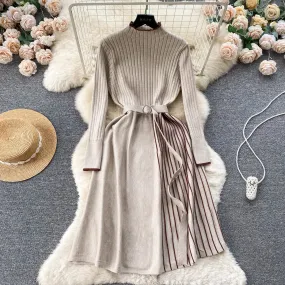 Thermal Striped Knitted Dress with Belt