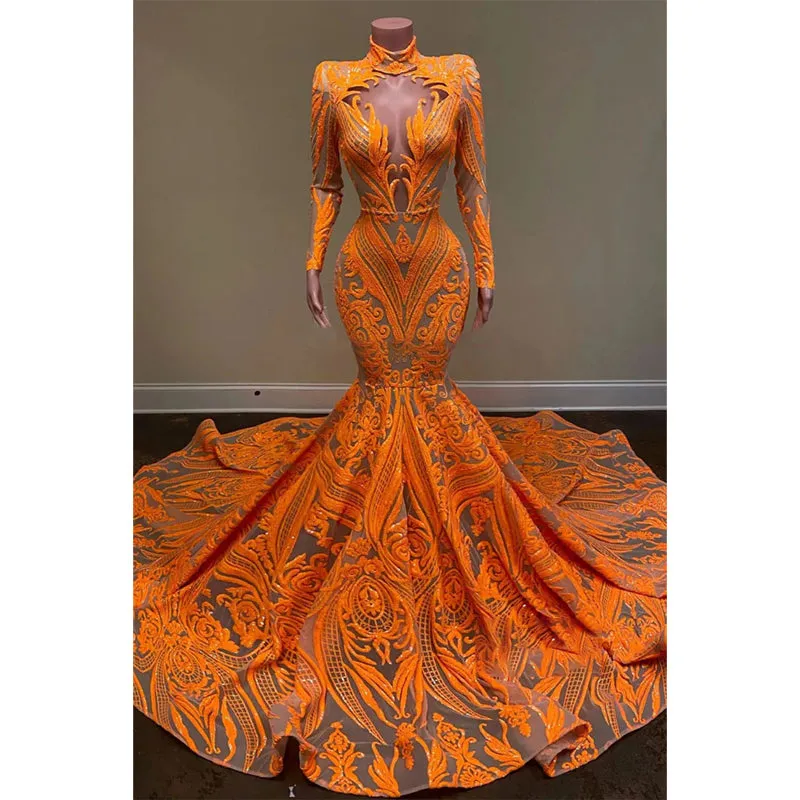 Unique High Neckline Sequins Appliques Long Sleeves America Mermaid Prom Dress