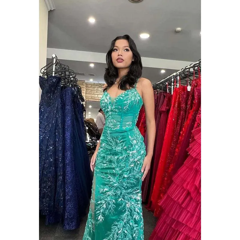 V-Neck Spaghetti Straps Lace Appliqued Beaded Sheath Long Prom Gown