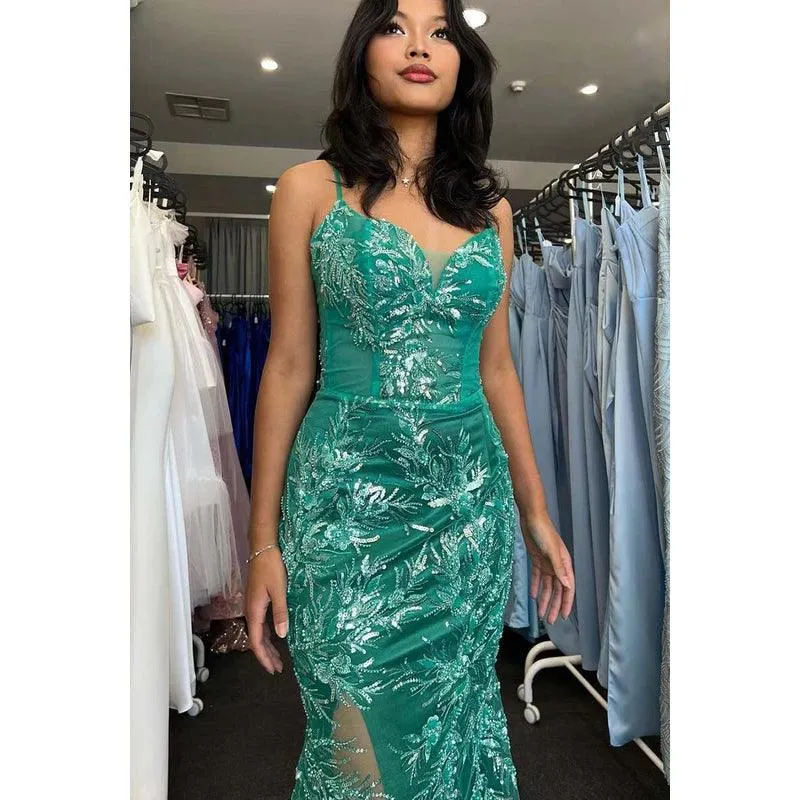 V-Neck Spaghetti Straps Lace Appliqued Beaded Sheath Long Prom Gown