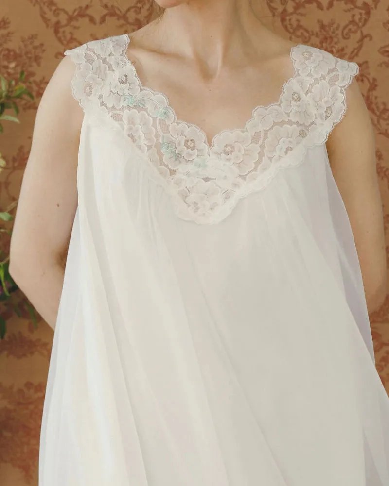 Vintage 1960s Ivory Peignoir Set With Blue Embroidery