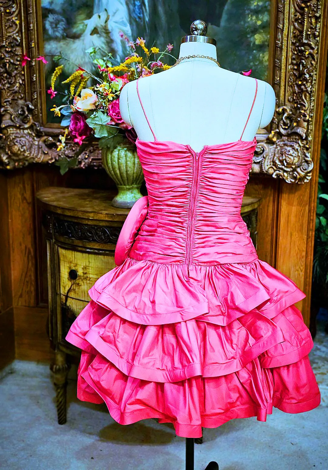 VINTAGE JULIE DUROCHE FOR AFTER FIVE HOT PINK TIERED RUCHED COCKTAIL DRESS WITH HUGE FLOWER