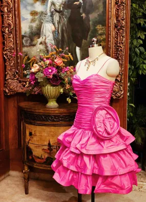VINTAGE JULIE DUROCHE FOR AFTER FIVE HOT PINK TIERED RUCHED COCKTAIL DRESS WITH HUGE FLOWER