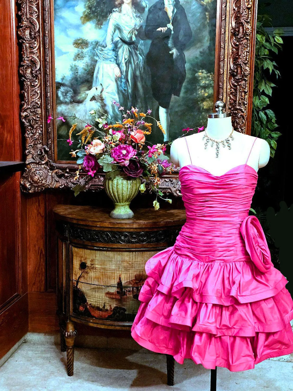 VINTAGE JULIE DUROCHE FOR AFTER FIVE HOT PINK TIERED RUCHED COCKTAIL DRESS WITH HUGE FLOWER