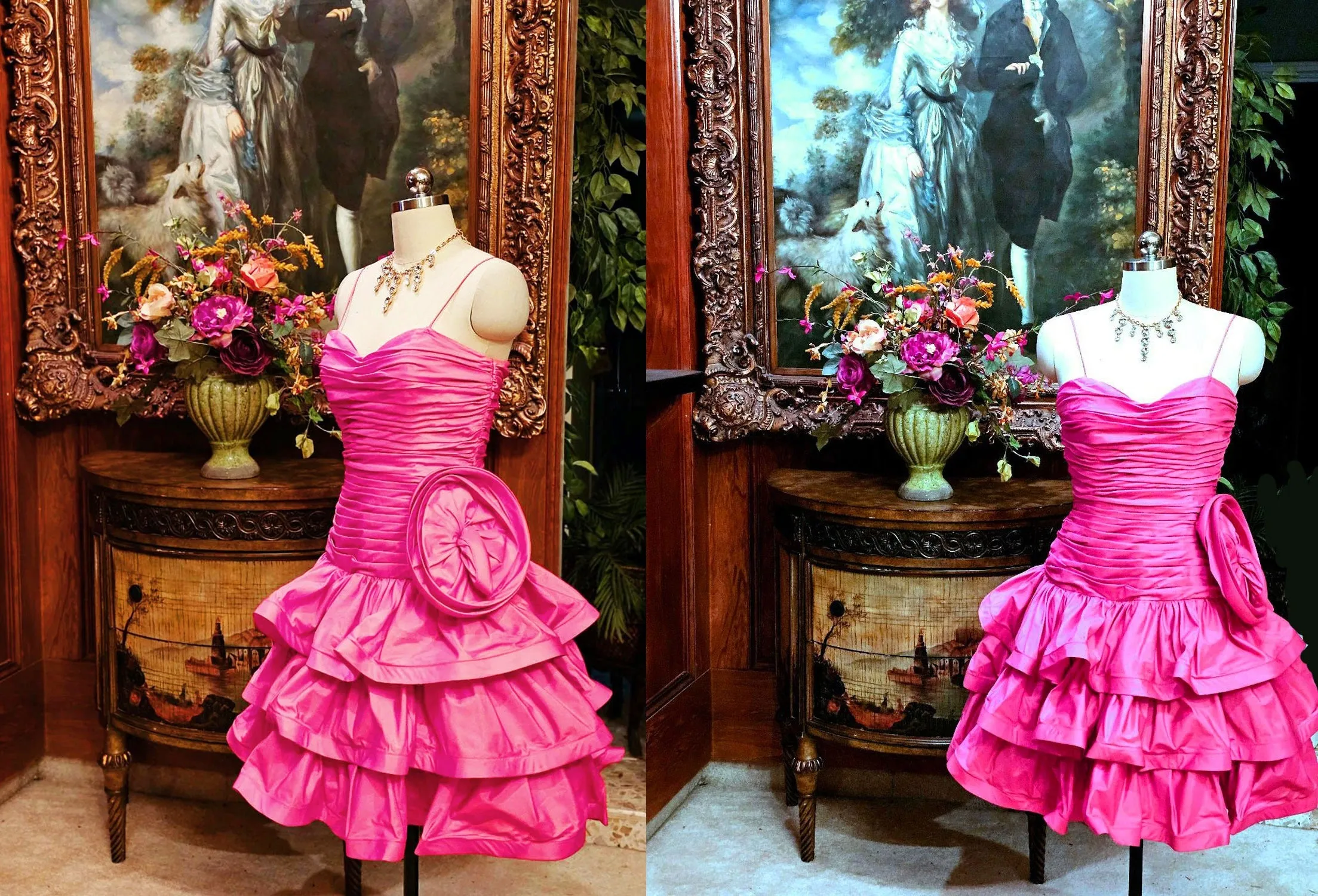 VINTAGE JULIE DUROCHE FOR AFTER FIVE HOT PINK TIERED RUCHED COCKTAIL DRESS WITH HUGE FLOWER