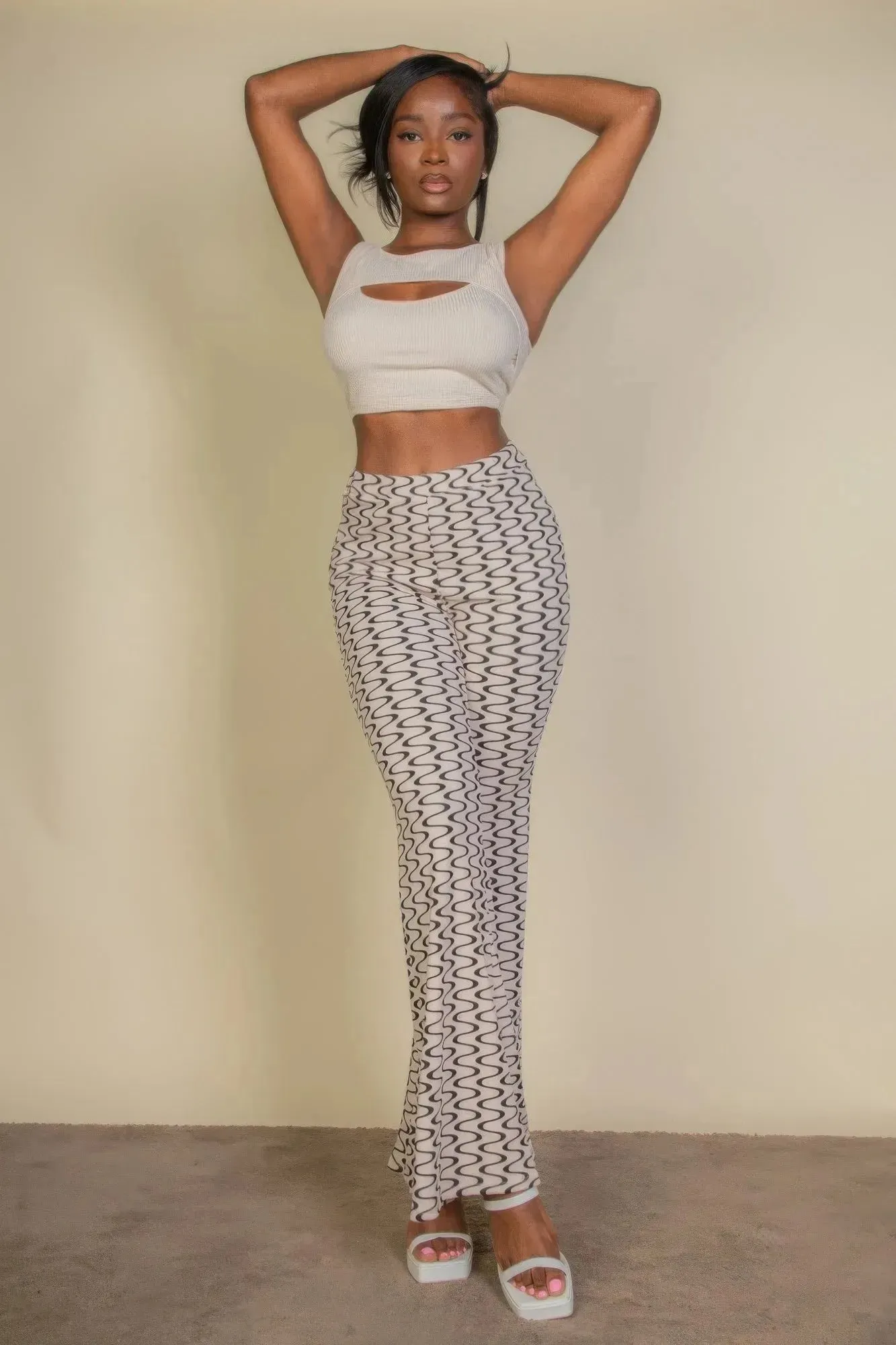 Wavy Print High Waist Flare Pants