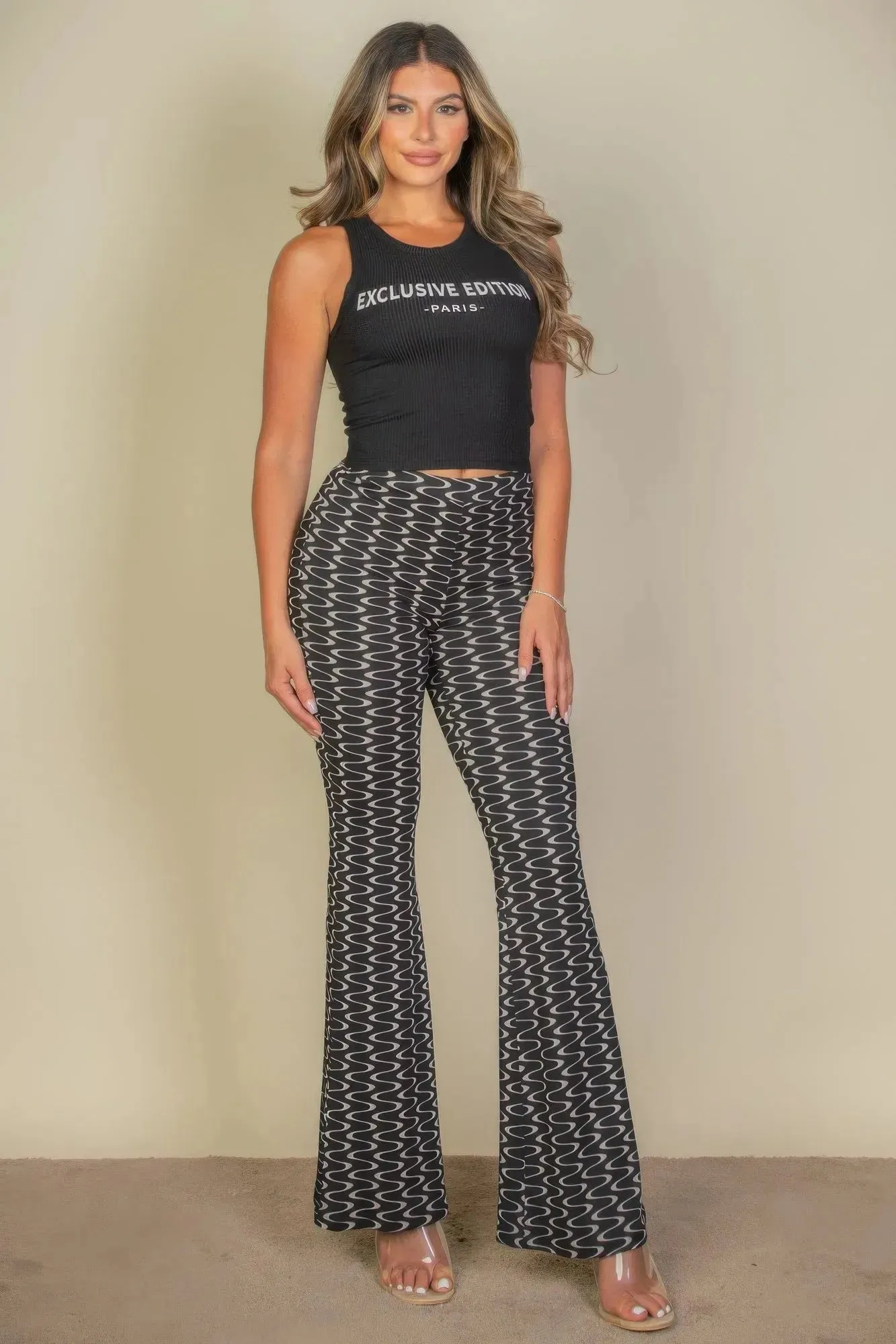 Wavy Print High Waist Flare Pants