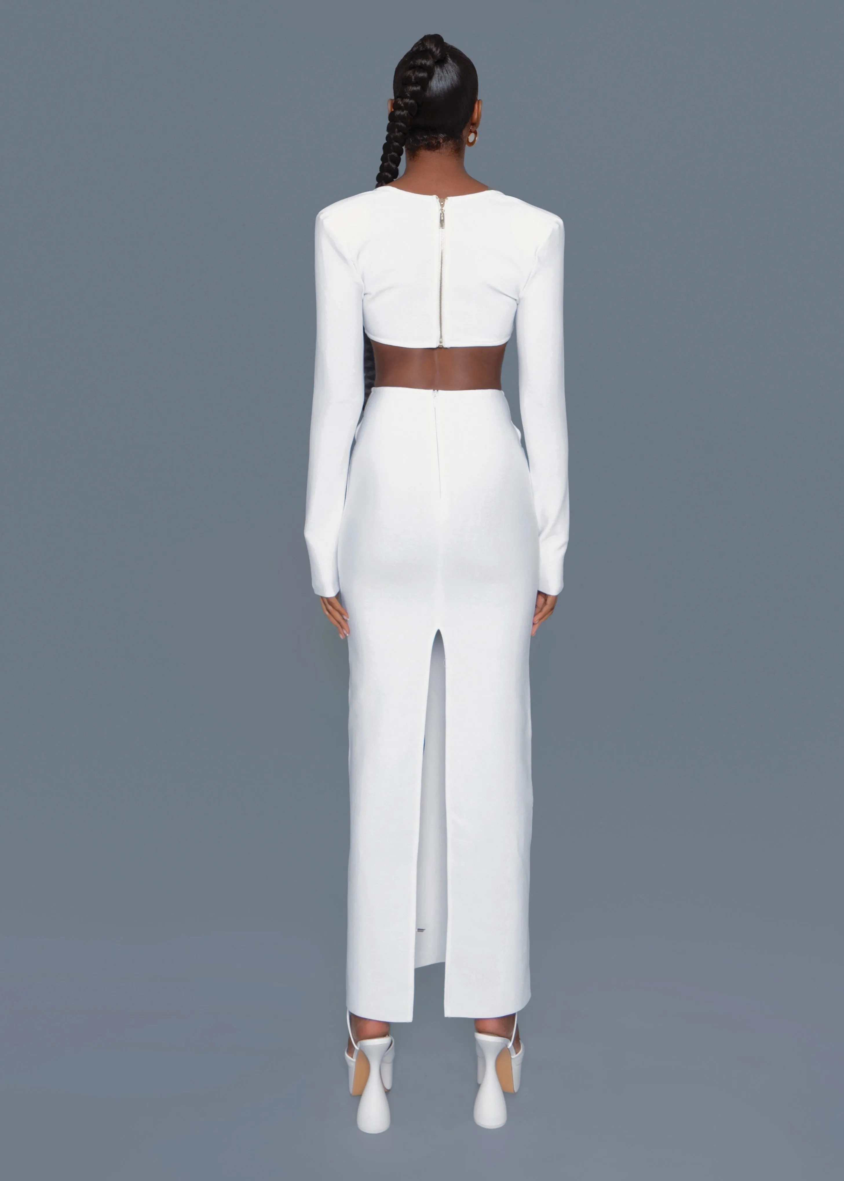 White Crop Top and Cutout Skirt Set