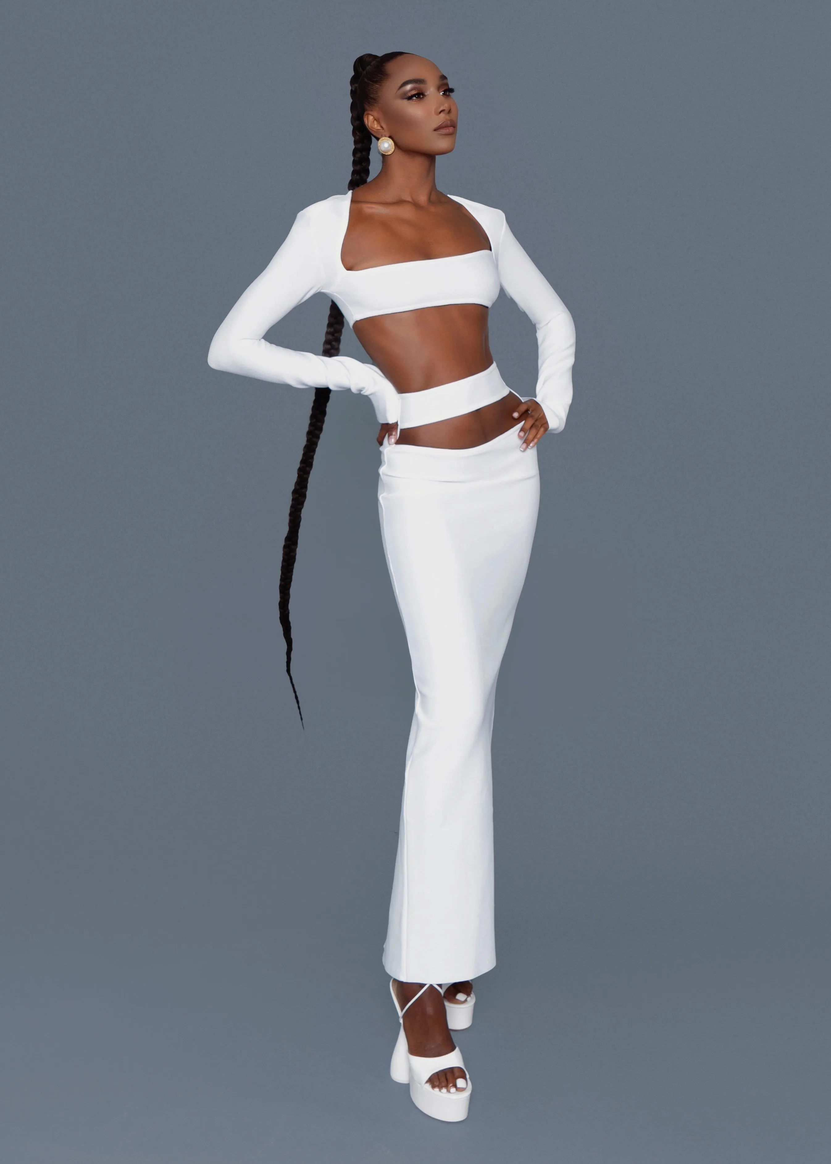 White Crop Top and Cutout Skirt Set