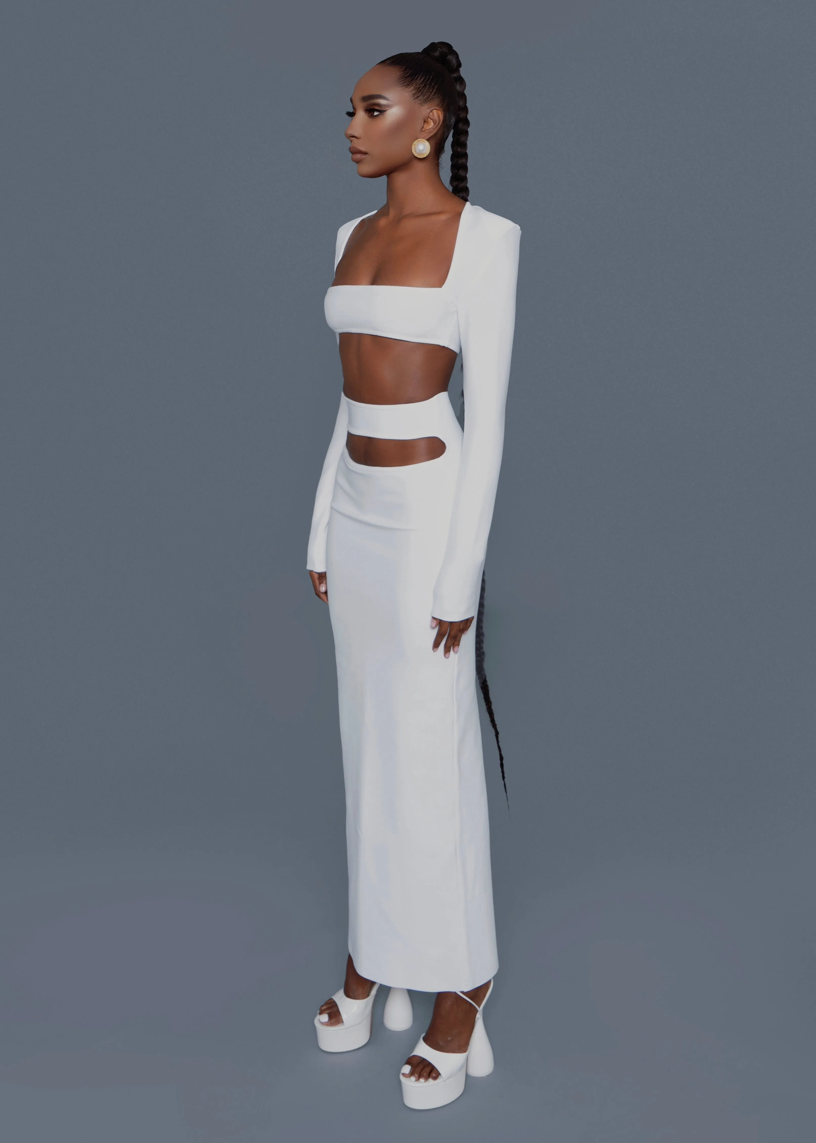 White Crop Top and Cutout Skirt Set