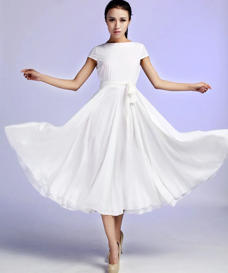 White Maxi Chiffon Dress - Custom Made Fully Lined Dress Simple Design Soft Summer Fashion (627)