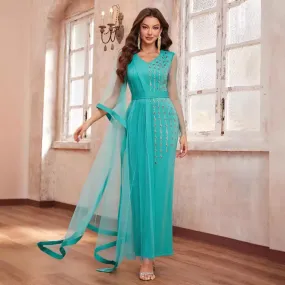 Women Long Sleeved Rhinestone Mesh Formal Dress