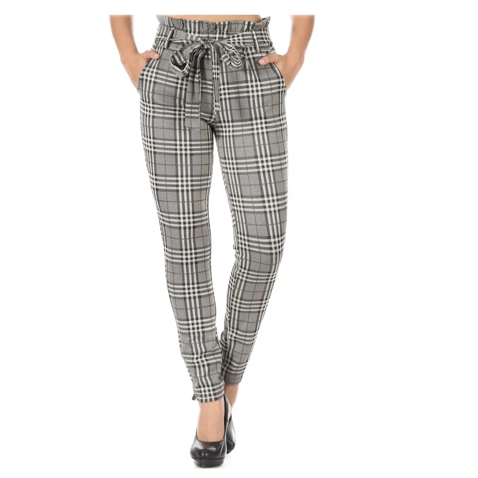 Women's High Waisted Pants Plaid Paper Bag Waist Side Pockets Waist Tie Bottoms
