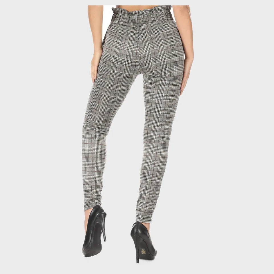 Women's High Waisted Pants Plaid Paper Bag Waist Side Pockets Waist Tie Bottoms