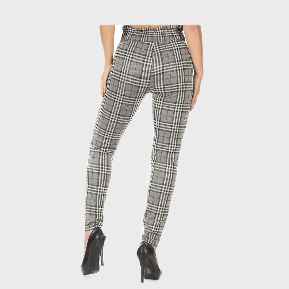 Women's High Waisted Pants Plaid Paper Bag Waist Side Pockets Waist Tie Bottoms