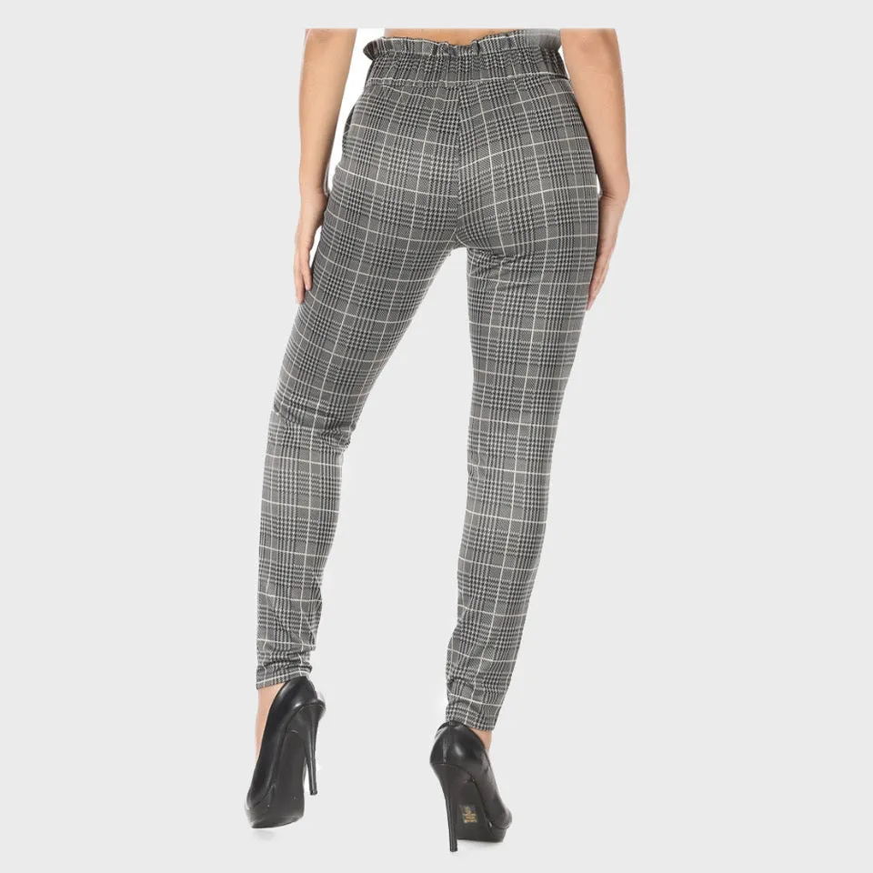 Women's High Waisted Pants Plaid Paper Bag Waist Side Pockets Waist Tie Bottoms