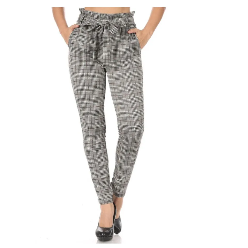 Women's High Waisted Pants Plaid Paper Bag Waist Side Pockets Waist Tie Bottoms