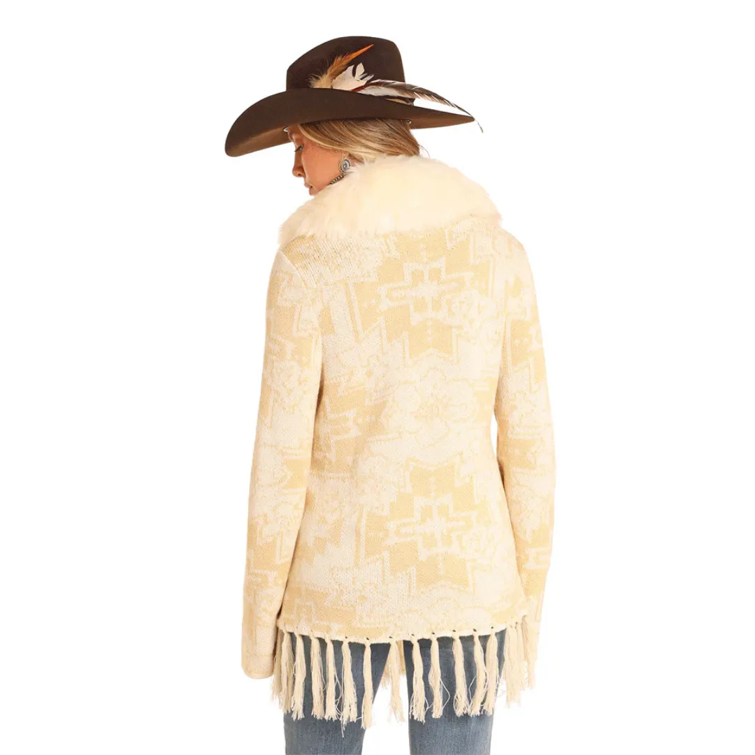 Women's Ivory Fringe Aztec Cardigan