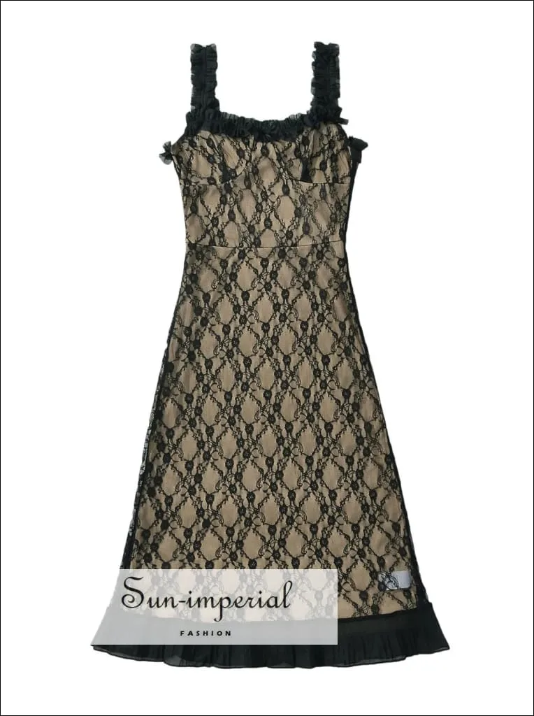 Women's Lace Mesh Cami Strap Slip Midi Dress With Ruffle Detail