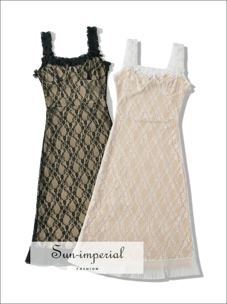 Women's Lace Mesh Cami Strap Slip Midi Dress With Ruffle Detail