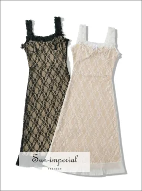 Women's Lace Mesh Cami Strap Slip Midi Dress With Ruffle Detail