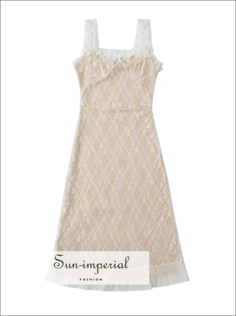 Women's Lace Mesh Cami Strap Slip Midi Dress With Ruffle Detail